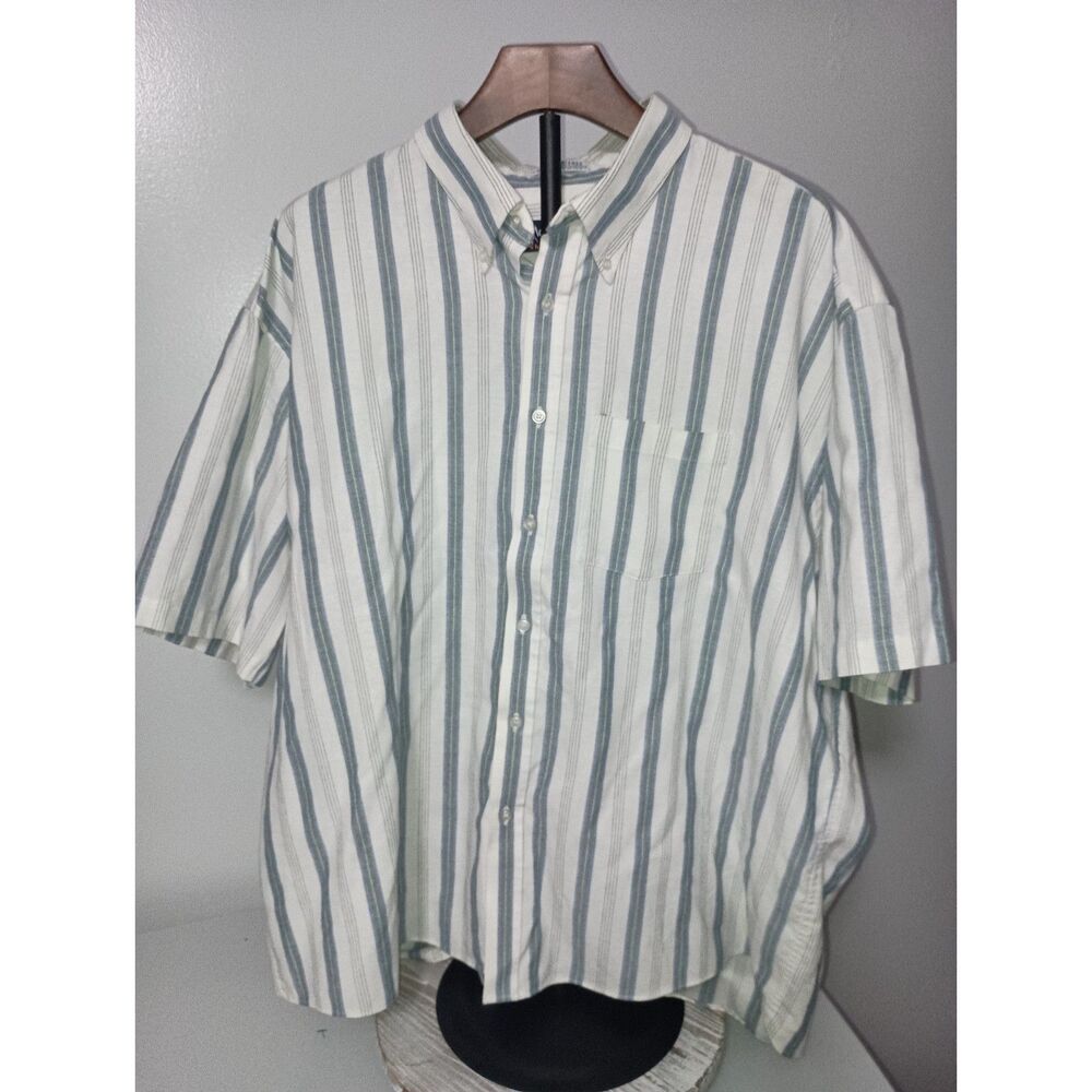 Manhattan: Blue/Grey/White Striped Short-Sleeve Button Down Shirt, Men Neck 18.5